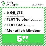 Handytarif handyvertrag.de z.B. LTE All 6 GB – (Flat Internet 6 GB LTE, Flat Telefonie, Flat SMS und Flat EU-Ausland, 5,99 Euro/Monat, monatlich kündbar) oder andere Tarife