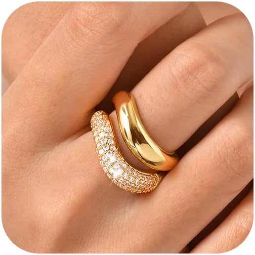 KSF Stackable Gold Rings for Women - 18K Gold Plated Chunky Cubic Zirconia Wavy Ring Set Stack Thumb Engagement Anniversary Wedding Rings Trendy Jewelry Gift for Women Non Tarnish Size 6 7 8 9