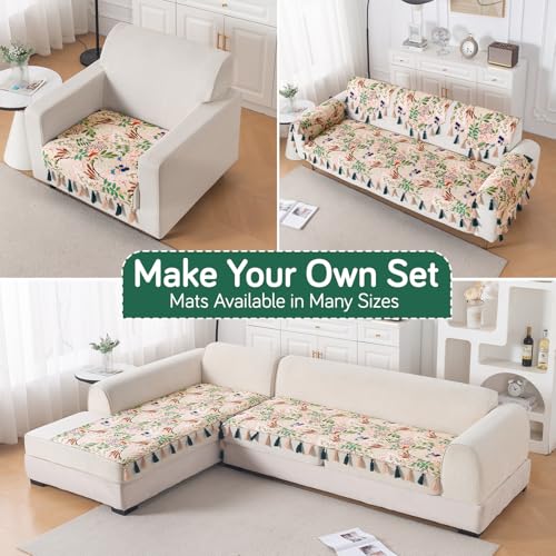 Image of HOKIPO Sofa Cover Mat with Tassel for 1 /2 /3 Seater & L Shape Sofa | DIY Sofa Cover Set | Digital Printed Holland Velvet | 'Whispers of Nature' | 70(W) x 120(L) cm | Beige Woodland Bloom (IN-1119-D4)