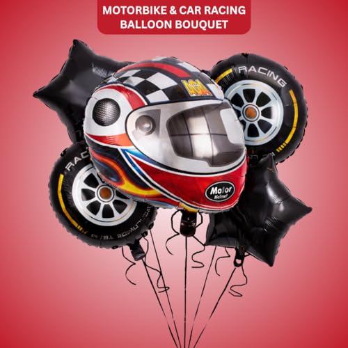 Image of Wanna Party Motor Racing Theme Balloon Set (Pack of 5) with Racing Helmet & Wheel Design Foil Balloons, Car Racing Birthday Decoration Kit for Boys Kids Party Supplies