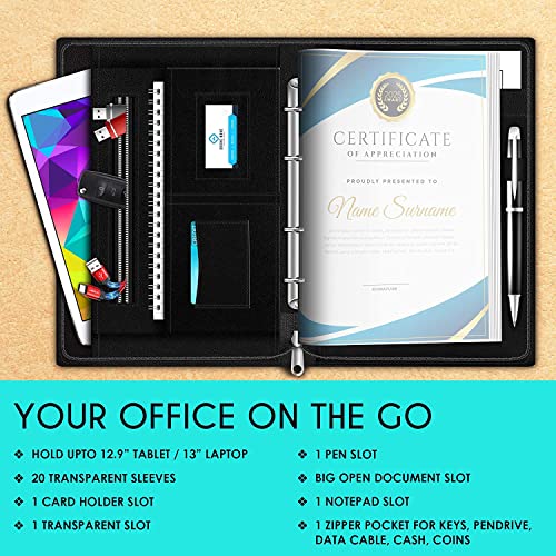 Image of FEDUS Black Document File Folder Certificate Foolscap Size(Bigger Than A4 Size) 4 Ring File Folder for Document Leatherette Document Holder,Portfolio,Executive File for 25 Leaf (300 Micron)