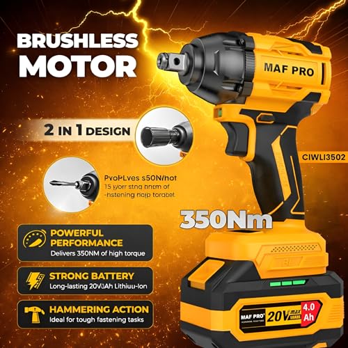 Image of MAF PRO CIWLI3502 Cordless Impact Wrench 350Nm, 20V Brushless Li-Ion, 1 /2 Inch Drive, Variable Speed, for Car Tyre Removal, Wheel Nut and Bolt Tightening, Automotive and Garage Use