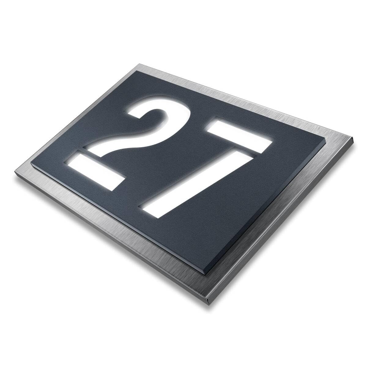 Metzler LED-Hausnummernschild 3-stellig | Edelstahl mit Acrylglas in Anthrazit RAL 7016 matt | Beleuchtetes Design-Schild 31x20 cm | witterungsbeständig, flach & modern