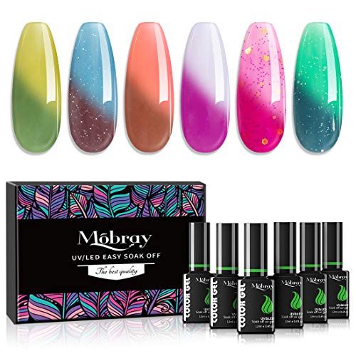 Mobray Color Changing Gel Nail Polish Temperature Change Color 6 Colors Mood Soak Off UV LED Glitter Gel Nail Polish Set 12ml Nail Art Gift Box (Set 3)