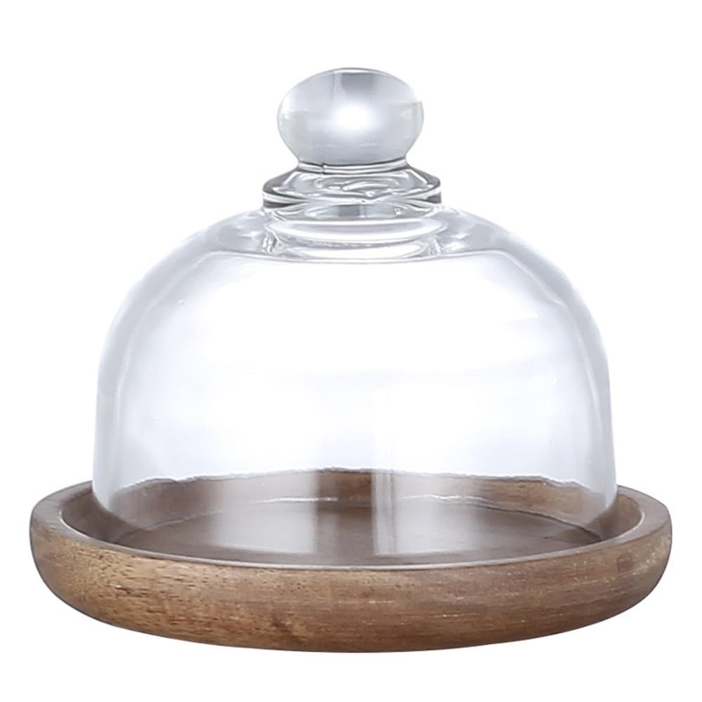 Supporto per Torte in Legno con Coperchio della Cupola, Mini Supporto per Torte in Legno, Copertura della Campana di Vetro Trasparente, Vassoio Rotondo di visualizzazione della Torta