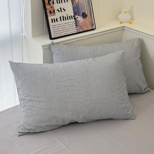Image of VM VOUGEMARKET Washed Cotton Grey Striped Duvet Cover Set King,Pinstripes Duvet Cover with 2 Pillowcases Modern Simple Farmhouse Style Bedding Set-Vertical Stripes