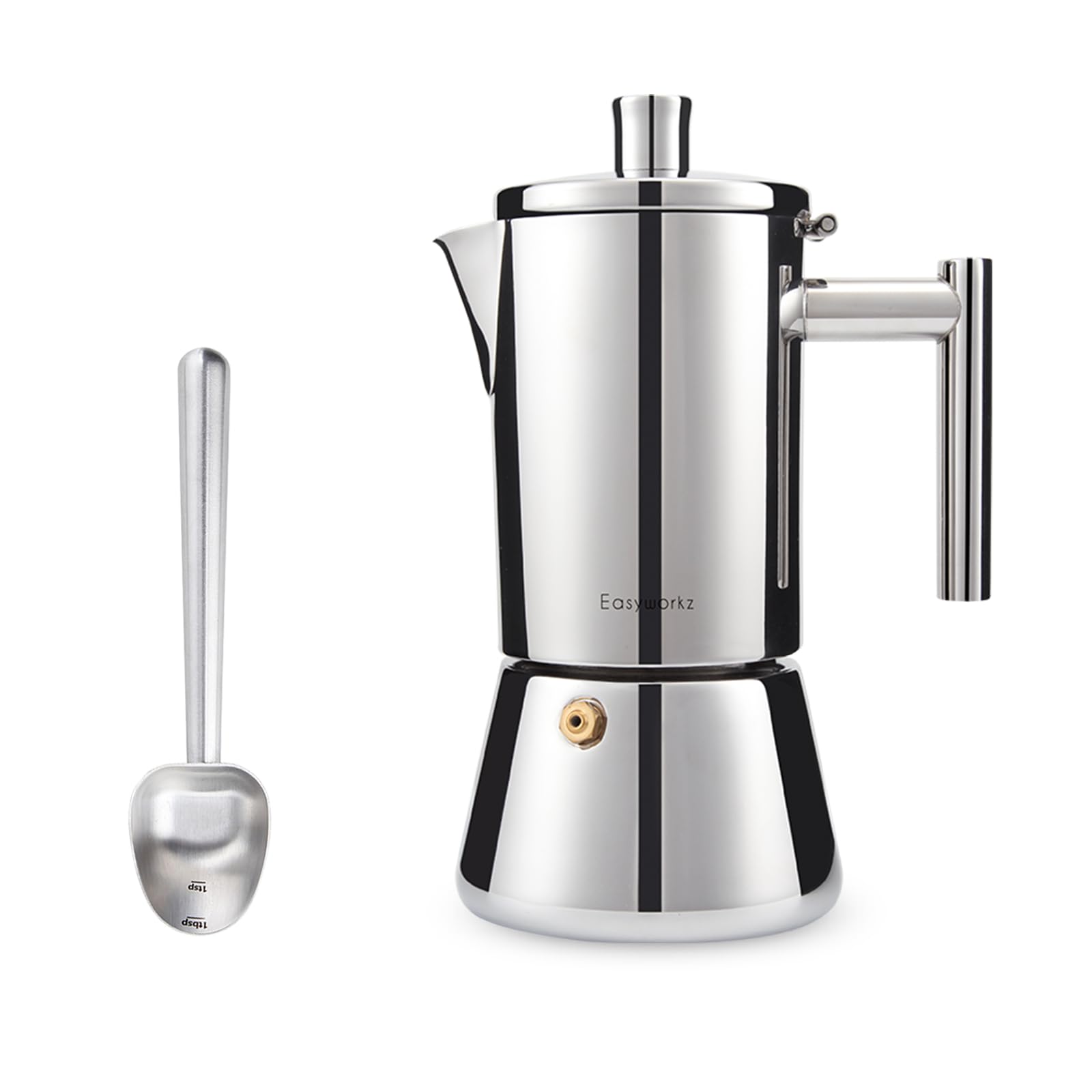 EasyworkzDiego Stovetop Espresso Maker 6Cup 10 oz Moka Pot, Bundled with Stainless Steel Long Hollow Handle 7g Measuring Spoon, Brushed Silver