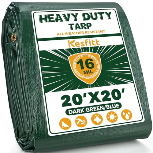 Image of Kesfitt 16 Mil Heavy Duty Waterproof Tarp with Metal Grommets, Dark Green & Blue Reversible Poly Tarp, 20x20 ft, for Outdoor Protection, Yard, Garden, Farm, Camping & Equipment Coverage