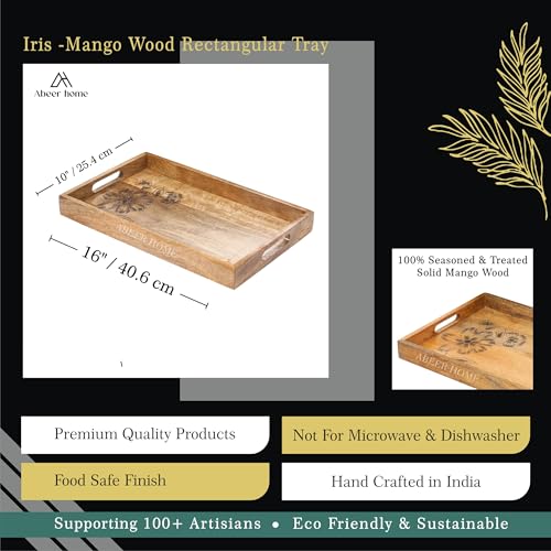 Image of Wooden Serving Tray - 16 x 10 Inches | Handpainted Floral Pattern with Raised Edges | Durable Mango Wood Breakfast Tray | Wooden Serveware Trays for Tea, Snacks & Sweets, Home & Dining