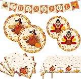 25 PCS Thanksgiving Party Supplies, Give Thanks Theme Party Thanksgiving Tableware Party Set Dinnerware Set with Paper Plates Napkins Tablecloth Banner for Dinner Party Supplies Decor,Serves 25