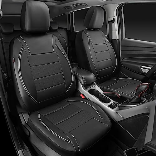 Image of CAR PASS Universal Reflect Piping Leather Car Seat Cover, Fit for suvs,Van,Trucks,Airbag Compatible,Inside Zipper Design and Reserved Opening Holes (Full Set, Black and Grey)