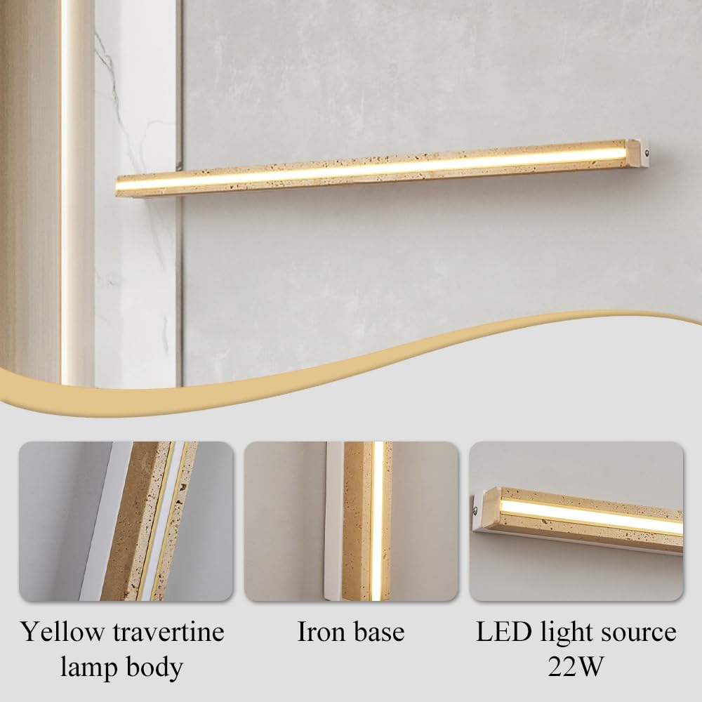 Applique da parete in travertino giallo, lampada da parete in pietra dal design lineare minimalista da 34,2", moderna lampada da parete a LED da 22 W con striscia lunga for camera da letto
