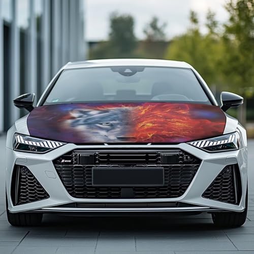 Image of Red Wolf Car Hood Cover Polyester Elastic Fabrics Washable Suitable for Large SUV and Pickup Trucks 39x59in