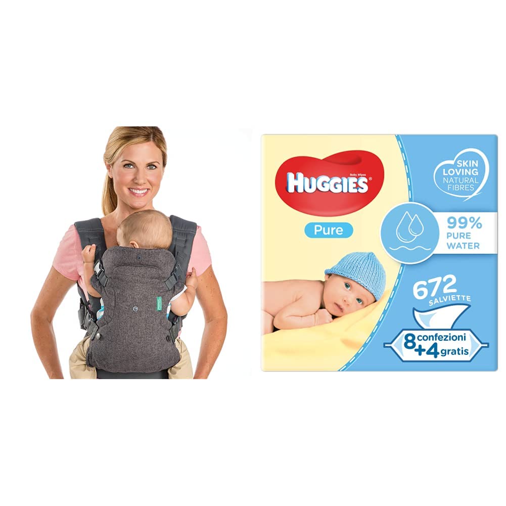 Infantino Flip Advanced 4-In-1 Marsupio Porta Bebè Convertibile - Ergonomico, per Neonati e Bambini tra 3,6-14,5 kg & Huggies Pure Salviette Umidificate per Bambini, 672 Salviette