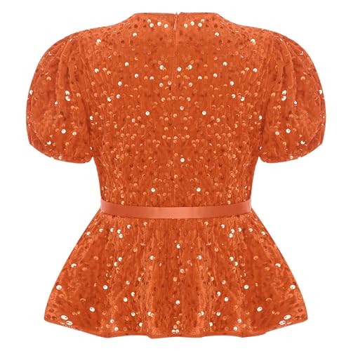 renvena Kids Girls Sequin Velvet Tops Sparkle Glitter Dressy Blouse Puff Sleeve Peplum Tops with Belt2