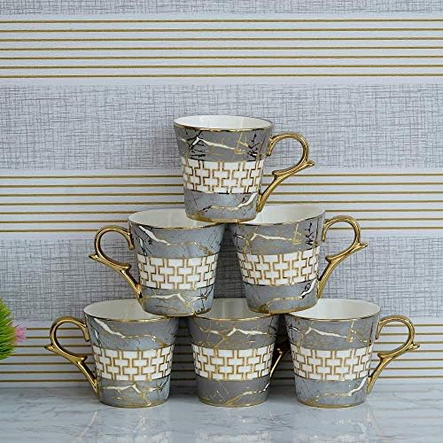 Ceramic Grey Gold Line Coffee & Tea Cup | Finest Premium for Tea/Coffee/Hot Drinks | Set of 6 | Capacity- 180 ML |(Not Microwave Safe)