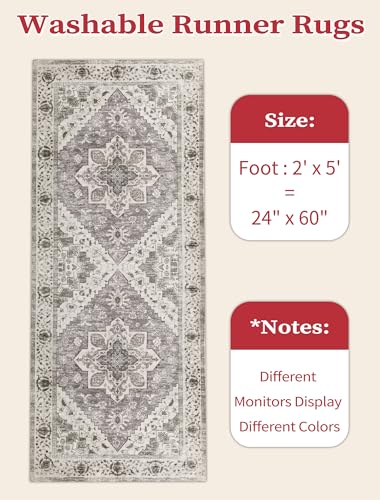 SERISSA Boho Washable Runner Rug, 2x5 Rug Non-Slip Vintage Earth Tone Hallway Kitchen Runner Rug Ultra Soft Print Distressed Floor Carpet for Bedroom Bathroom Laundry Room