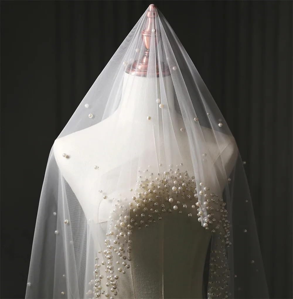 Schleier Braut,Schleier Lange Brautschleier 1 Lage Tüll mit Perlentüll Hochzeitsaccessoires(500cm)
