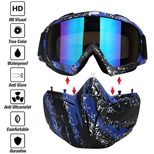 PiscatorZone Motorcycle Goggles Mask, Tactical Glasses with Detachable Mask Adjustable Windproof Outdoor Paintball Airsoft Mask Face Shield for Kids Men Women