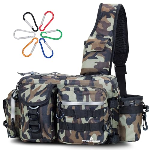 PYKES PEAK Fishing Bag | Waterproof Tackle Bag with Large Capacity | Includes 6 Carabiners | Versatile Fishing Shoulder Bag | Olive | L Size - Designed in Japan