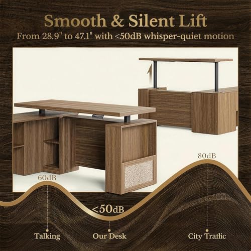 Image of 63 Inches L Shaped Electric Standing Desk, Executive Height Adjustable Desk with Drawers and File Cabinet, AC /USB, 1.18 inch Desktop and Privacy Panel for Home Office, Natural Oak