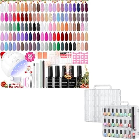 JIASHENG Two Nail Polish Organizer Case Holders for 48 Bottles, 78 Pcs Gel Nail Polish Kit with UV Light 55 Nude Colors Nail Polish Set with Base Matte & Glossy Top Coat Cover
