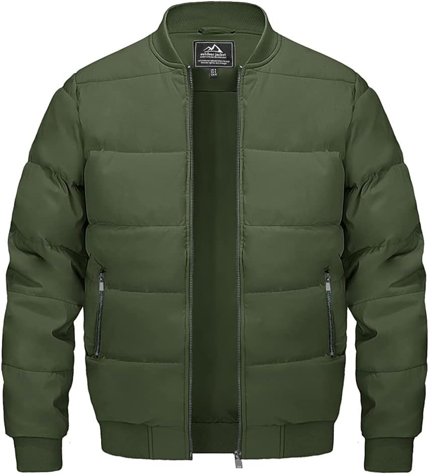 Alloaone Men's Padded Thicken Warm Bomber Jacket Full Zip Up Windproof Work Outerwear With Zipper Pockets