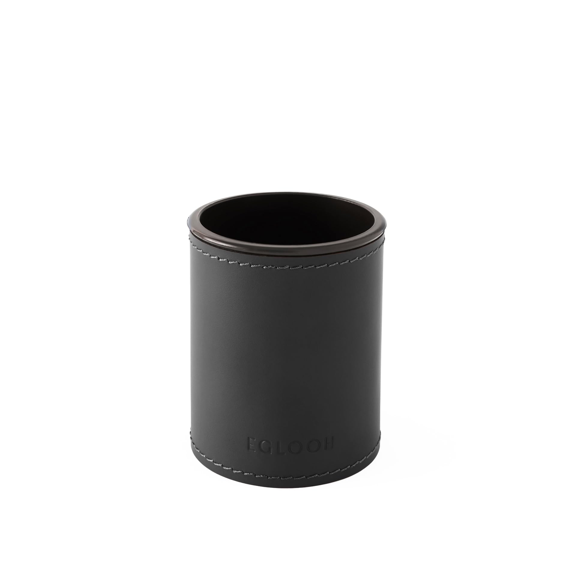 Eglooh, Orfeo, Pen Pot for Desk, Round Design, Made of Black Leather, cm 7,8 x 7,8 H.9,5