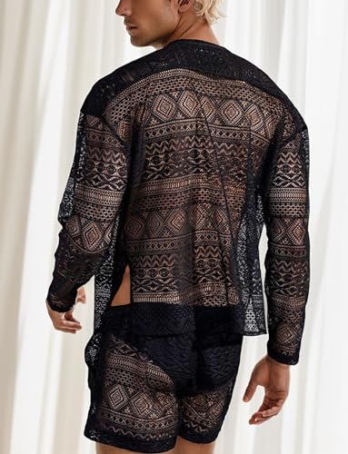 FEOYA Men's 2 Piece Hollow Out Lace Long Sleeve Button Down Shirt Elastic Waist Shorts Outfits Tracksuit4