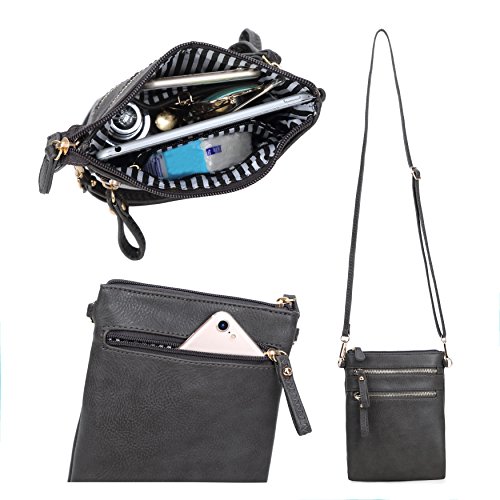 Solene Women's Faux Leather Organizer Multi Zipper Pockets Handbag With Detachable Wristlet Crossbody Bag-Wu002(Charcoal Grey) #TOP1