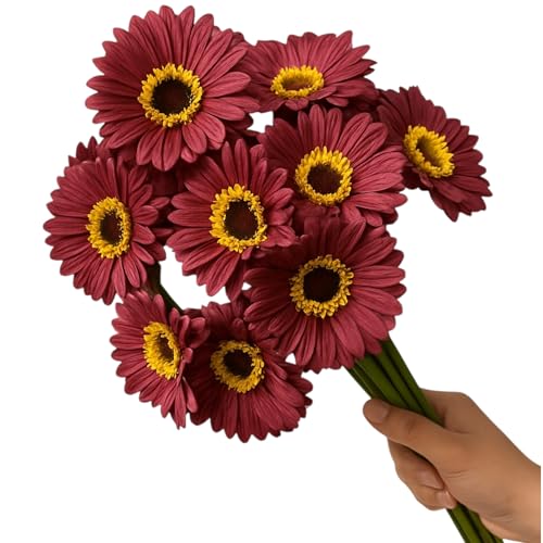 Image of Garden Art Artificial 5 Pcs Gerbera Flower Sticks, 33 cm, RealTouch Natural Looking | Silicone Decorative Bunch for Home GAAGFB-1H-33BR (Brown)