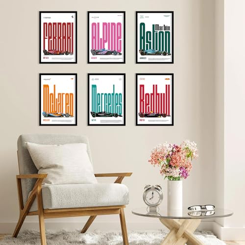 Image of CodersParadise - F1 Cars Wall Poster Frames - Pack Of 6 | 8 x 12cm (A4 Size) | Aesthetic Artwork Framed Posters | Framed Posters For Living Room, Bedroom, Home And Office