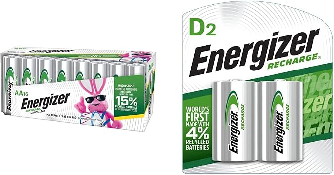 Energizer Recharge Universal AA Batteries, Pre-Charged NiMH 2000 mAh Rechargeable Double A Batteries and Rechargeable D Batteries, 2500 mAh Variety Pack, 16 AA Batteries and 2 D Batteries, 18 Count