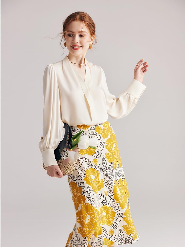 Blusa de Seda Crepe elástica de Manga Larga para Mujer