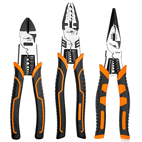 Pliers Set Of 3 Pcs, 8-Inch High Leverage Wire Cutters 10-Inch Linesman Plier 9-Inch Needle Nose Plier, Side-Cutting Pliers Linesman Combination Plier With Wire Stripper/Crimper/Screw Remover, Profess #TOP19