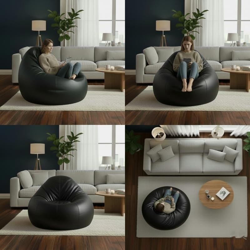 Image of LEXAVI Brand - XXXXXXL Jumbo Bean Bag Chair with Footrest Premium Imported Soft Faux Leather, Extra Comfortable and Big Size to Other Bean Bags Without Beans (Cover Only) I Color- (6XL-Black)