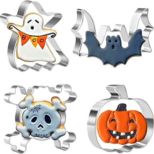 GoldRock Cortador de galletas de Halloween, moldes para galletas, 4 piezas de acero inoxidable, modeladores para hornear, moldes para calabazas horneadas, fantasmas, murciélagos y calaveras Cover
