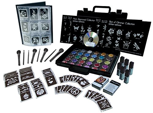 NEW Glimmer Body Art Temporary Tattoo Pro Party Kit PLUS 50 EXTRA STENCILS