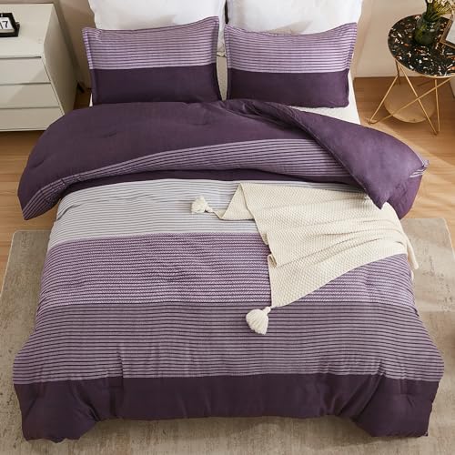 Litanika Purple Queen Comforter Set, 3 Pieces Striped Bedding Set, Lightweight Soft All Season Down Alternative Comforter Set (1 Gray&Purple Comforter, 2 Pillowcases)