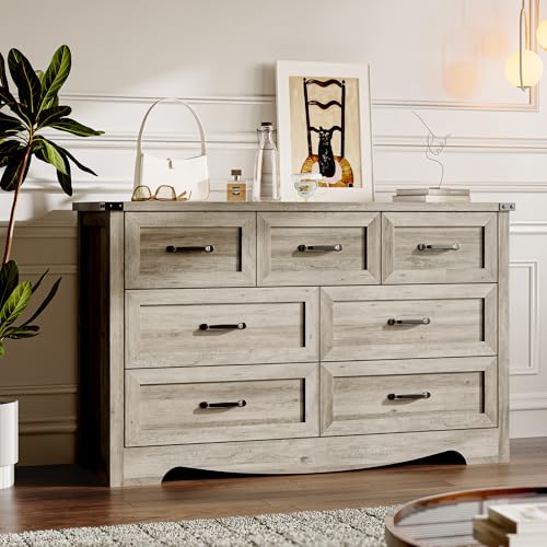 Image of BORNOON 7-Drawer Dresser for Bedroom, Modern Wooden Chest of Drawers with Metal Handles, Anti-Tipping Design, Sturdy and Stable Storage Organizer for Living Room, Entryway, Home Office