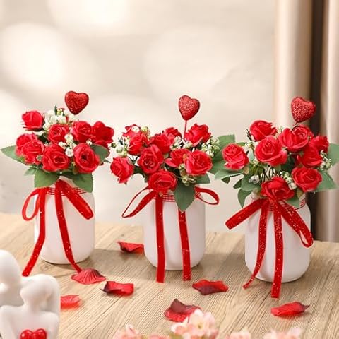 Knitgrip 3 Pcs Valentines Day Decor Valentines Red Rose Mason Jar Table Centerpiece Valentines Tiered Tray Decor Valentines Artificial Rose valentines table decorations for Home Kitchen Table Cover