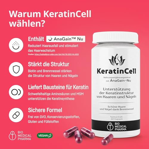 Keratin Kapseln – Haarvitamine mit Biotin (2000 µg), MSM, Eisen & Brennnessel – mit AnaGain aus Erbsensprossen – für Frauen & Männer – vegan, laborgeprüft (60 Kapseln)