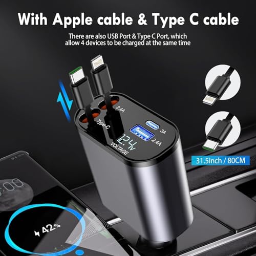 Image of 120W Fast Car Charger with 80CM Retractable Type-C Charging for 4 Devices - Universal Car Mobile Charger for All Smartphones & Tablets (Car Charger)