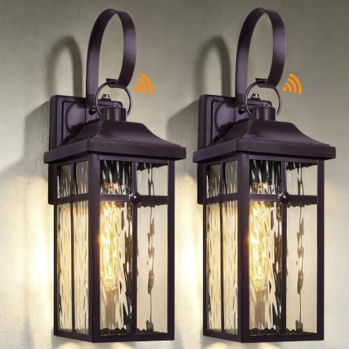 Image of 2 Pack Dusk to Dawn Outdoor Wall Lights, 19 inch Brown | Exterior Wall Mount Light Fixtures with Water Ripple Glass, Waterproof Outside Wall Sconces for Garage Patio Entryway