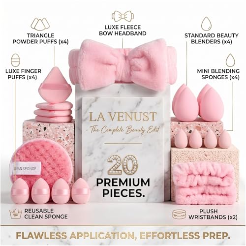 Image of 20pc Essential Makeup Sponge Kit Set - Soft-Touch Makeup Sponges for Cream & Liquid - Aesthetic Bow Spa Set & Wristbands - Under-Eye Precision Puffs & Blender Cleaner - Complete Beauty Organizer Kit for Girls & Women (Baby Pink Edition)