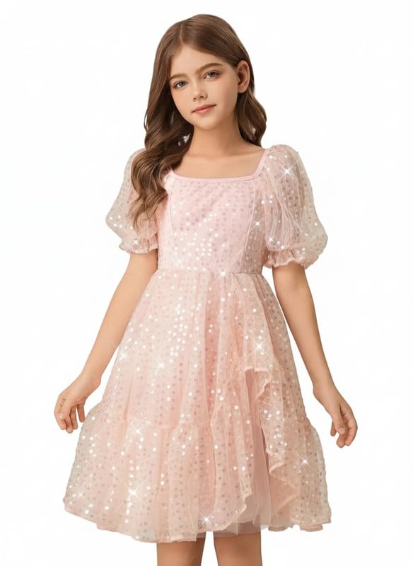 Image of Niren Enterprise Peach Printed Knee Length Short Sleeves Square Neck Stylish Girls Party Dress