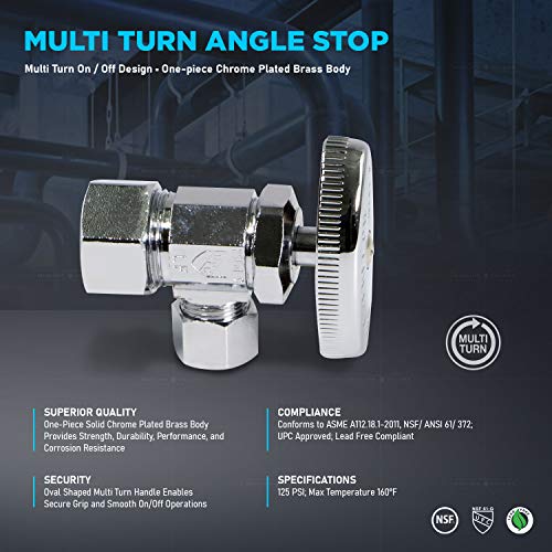 Image of Midline Valve 71358QS-OM-5 Water Supply Stop Valve with Multi-Turn Wheel; Angle Shut-off for Toilet, Sink, Dishwasher, Heater; 5 /8'' x 3 /8'' Compression; Chrome Plated Brass (5 PK)