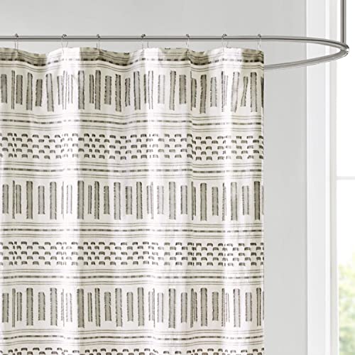 Image of Ink+Ivy Rhea 100% Cotton Shower Curtain, Geometric Print with Clipped Jacquard Texture Details, Mid Century Modern Boho Design Bathroom Decor, Machine Washable, 72 inch x 72 inch Ivory /Charcoal