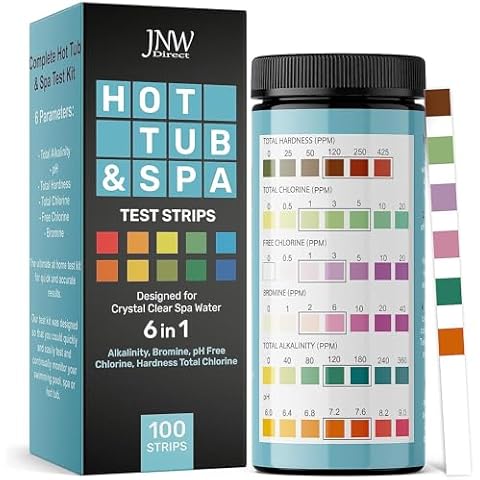Hot Tub and Pool Test Strips - 6in1 Quick & Accurate Hot Tub, Spa, Pool Test Strips - 100 Water Test Strips, Water Test Kit with E-Book - Test Chlorine, Bromine, pH, Hardness, Alkalinity - JNW Direct Cover