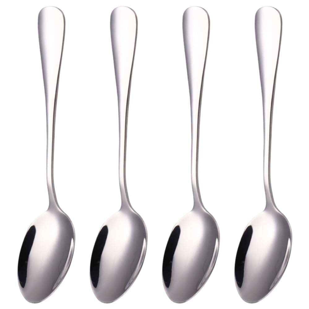 Ouliget Esslöffel-Set aus Edelstahl, langer Griff, Suppenlöffel-Set, asiatische chinesische Suppenlöffel, Edelstahl, dicke, schwere Löffel, Besteck, 4 Stück, Silber